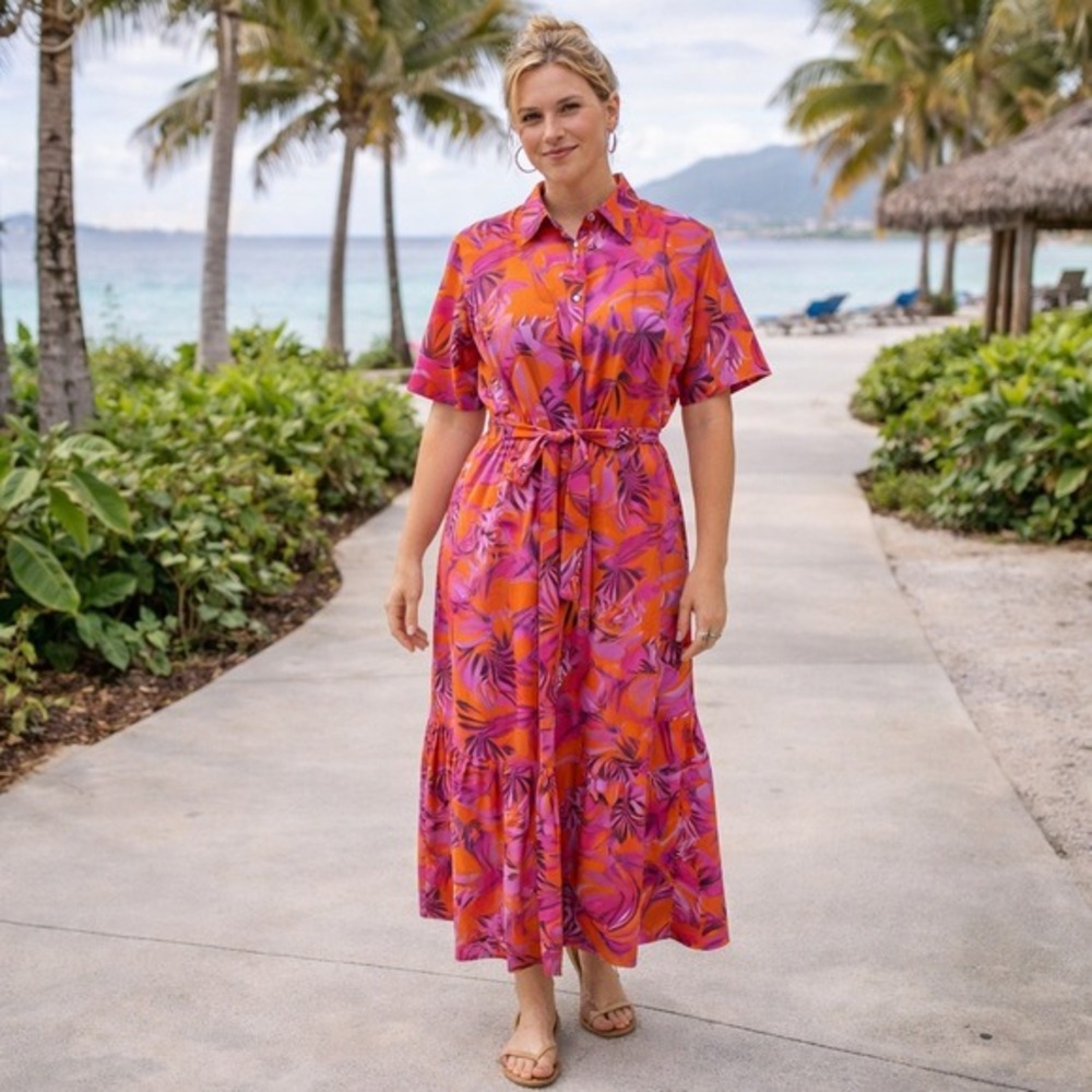 Vilagallo pink and‎ orange tropical floral short sleeve tiered maxi dress L